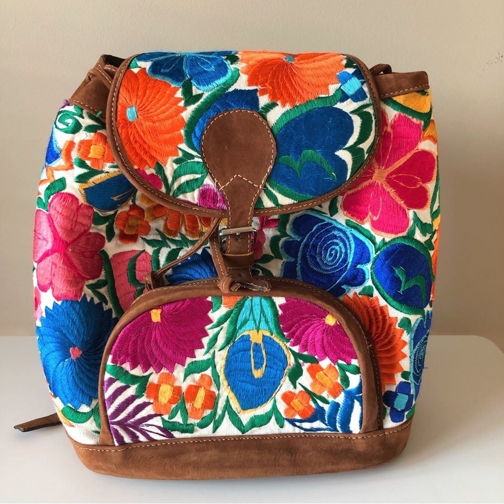 Beautiful Colorful Floral Embroidered Leather Backpack Sling Bag